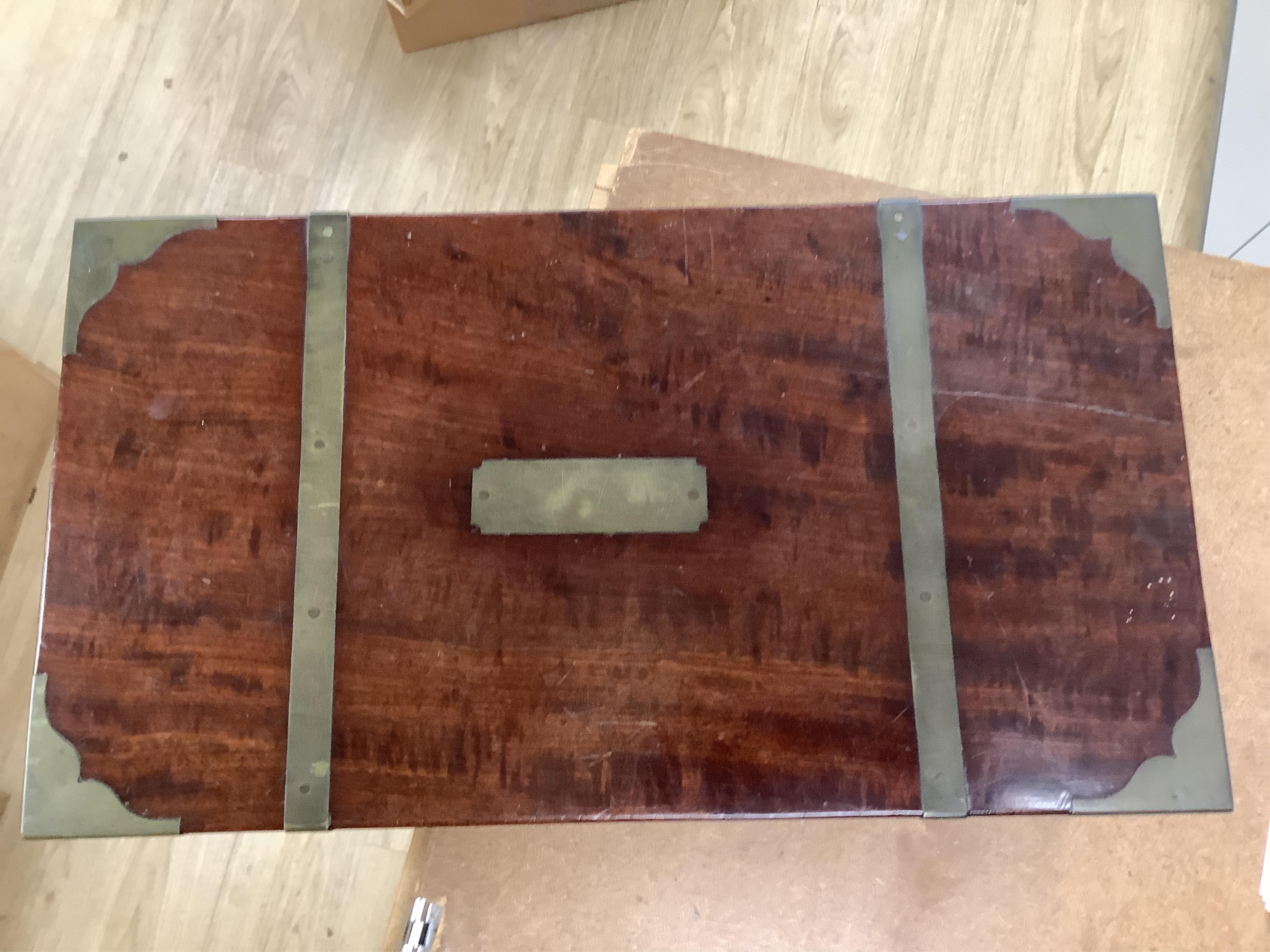 An early 19th century brass bound mahogany writing slope with maker's label for J. Allen, 45cm wide